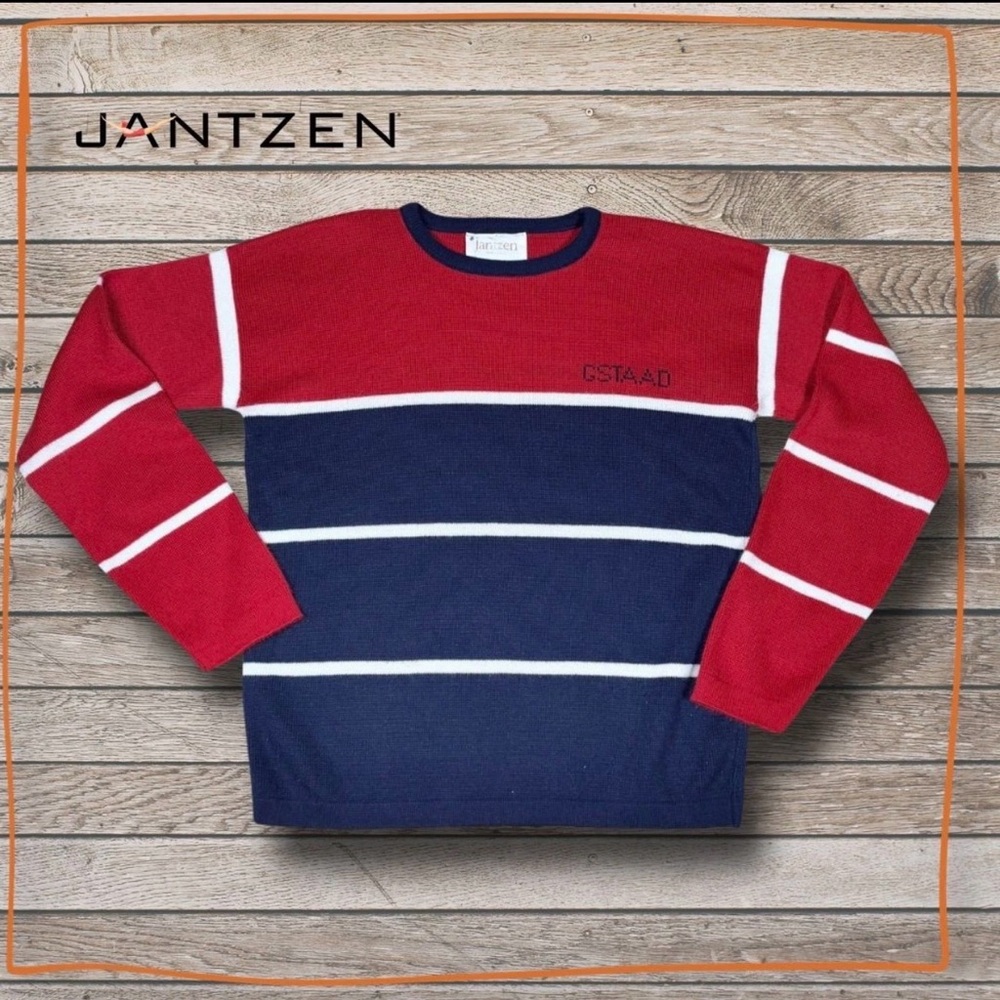 Vintage 80s Jantzen Color Block‎ Knit Sweater Retro Sport Crewneck